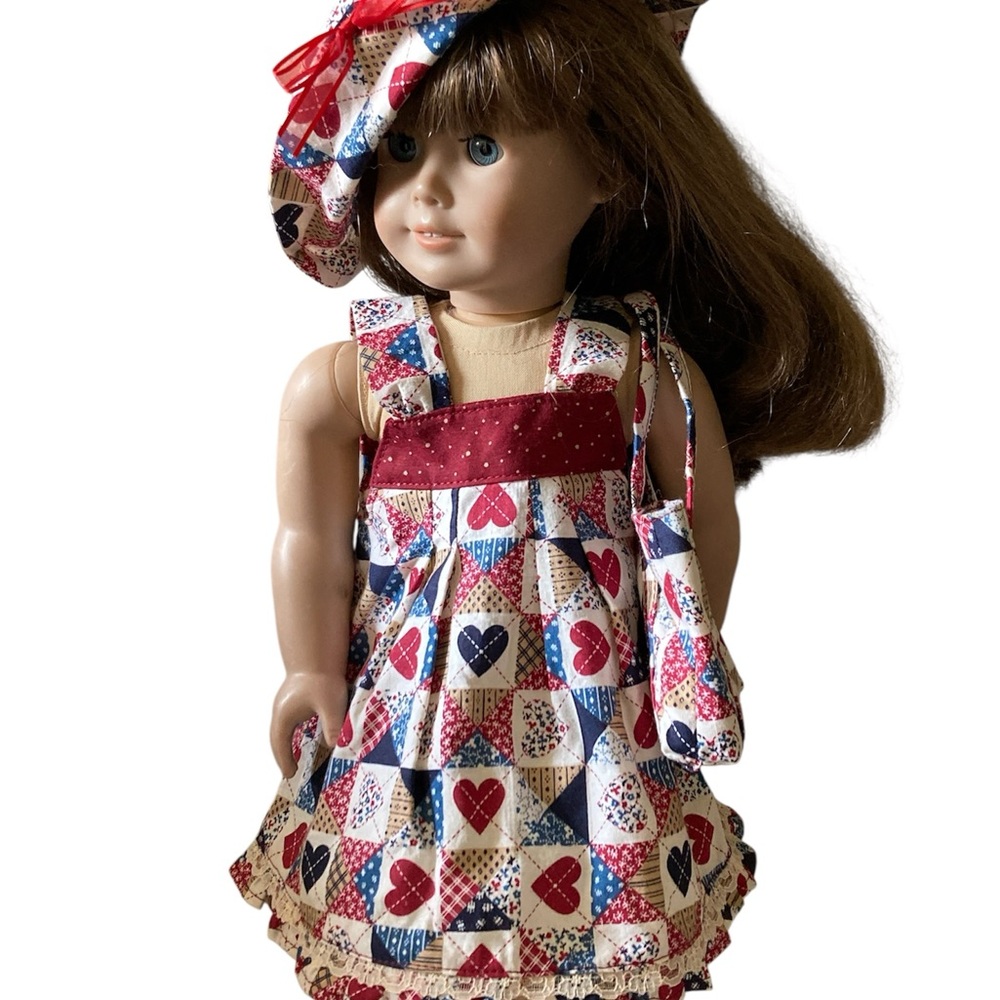 18” Doll Clothing 3 Piece Outfit Dress Hat and Matching Bag Heart Pattern